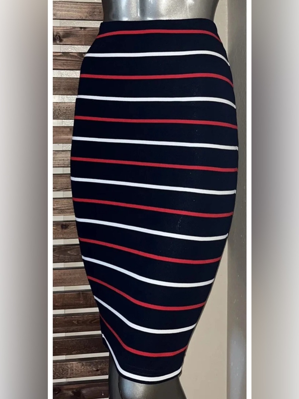 NWT American Apparel Dark Blue Red White Striped Fitted High Waist Pencil Skirt